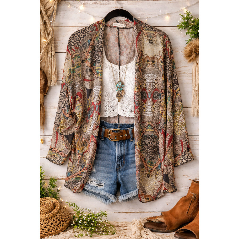 Haute Society Peacock Feather Cover Up XS Boho Spring Break Kimono Festival